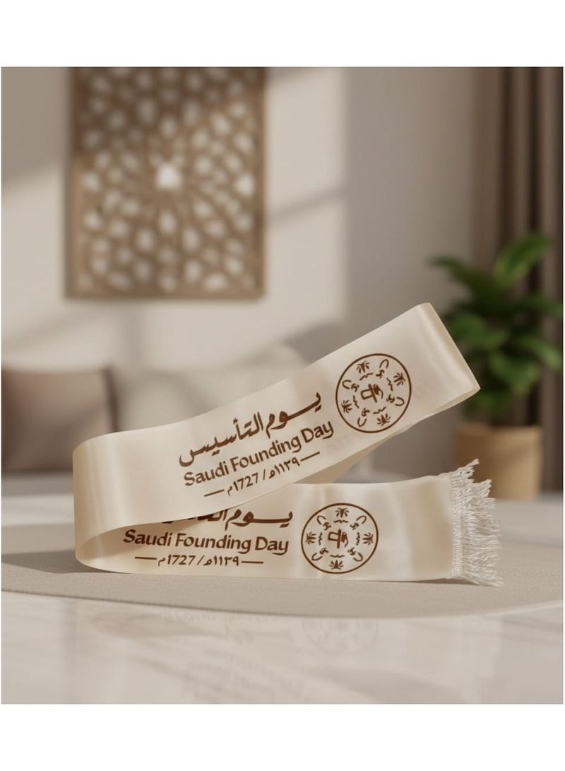 وشاح يوم التأسيس ، شال يوم التاسيس ، وشاح يوم تاسيس المملكة العربية السعودية ، وشاح يوم التاسيس الوطني السعودي ، وشاح السعوديه ، عدد 1 قطعة وشاح المملكة العربية السعودية في يوم التأسيس ، وشاح يوم بدينا ، وشاحات يوم التاسيس ، توزيعات يوم التأسيس ، احتفال يوم التأسيس ، احتفالات يوم التأسيس، اوشحة وشاح ليوم التاسيس ، وشاح سكارف التاسيس , المقاس 148 × 9 سم - لون بيج - Image 1